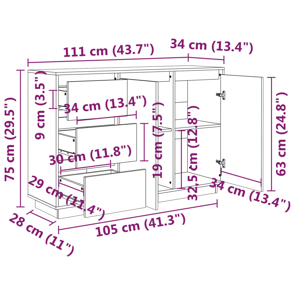 Skænk 111x34x75 cm massiv fyrretræ