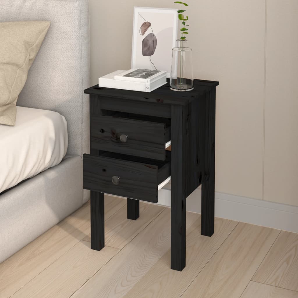 Sengeborde 2 stk Sort 40x35x61,5 cm massiv fyrretræ
