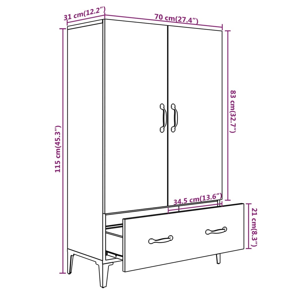 Highboard Sort 70x31x115 cm Træmateriale