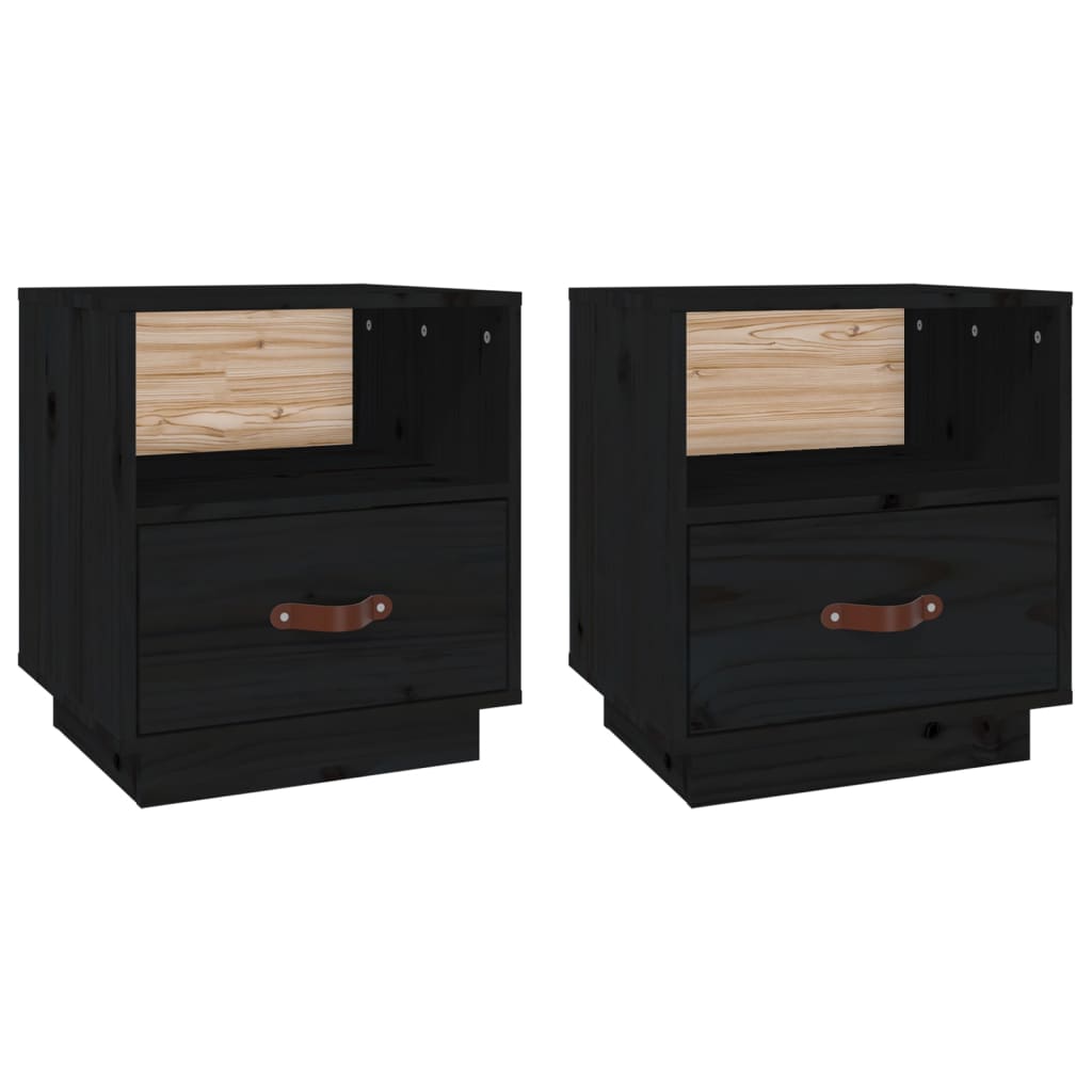 Sengeborde 2 stk Sort 40x34x45 cm massiv fyrretræ