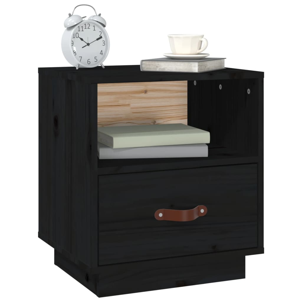Sengeborde 2 stk Sort 40x34x45 cm massiv fyrretræ