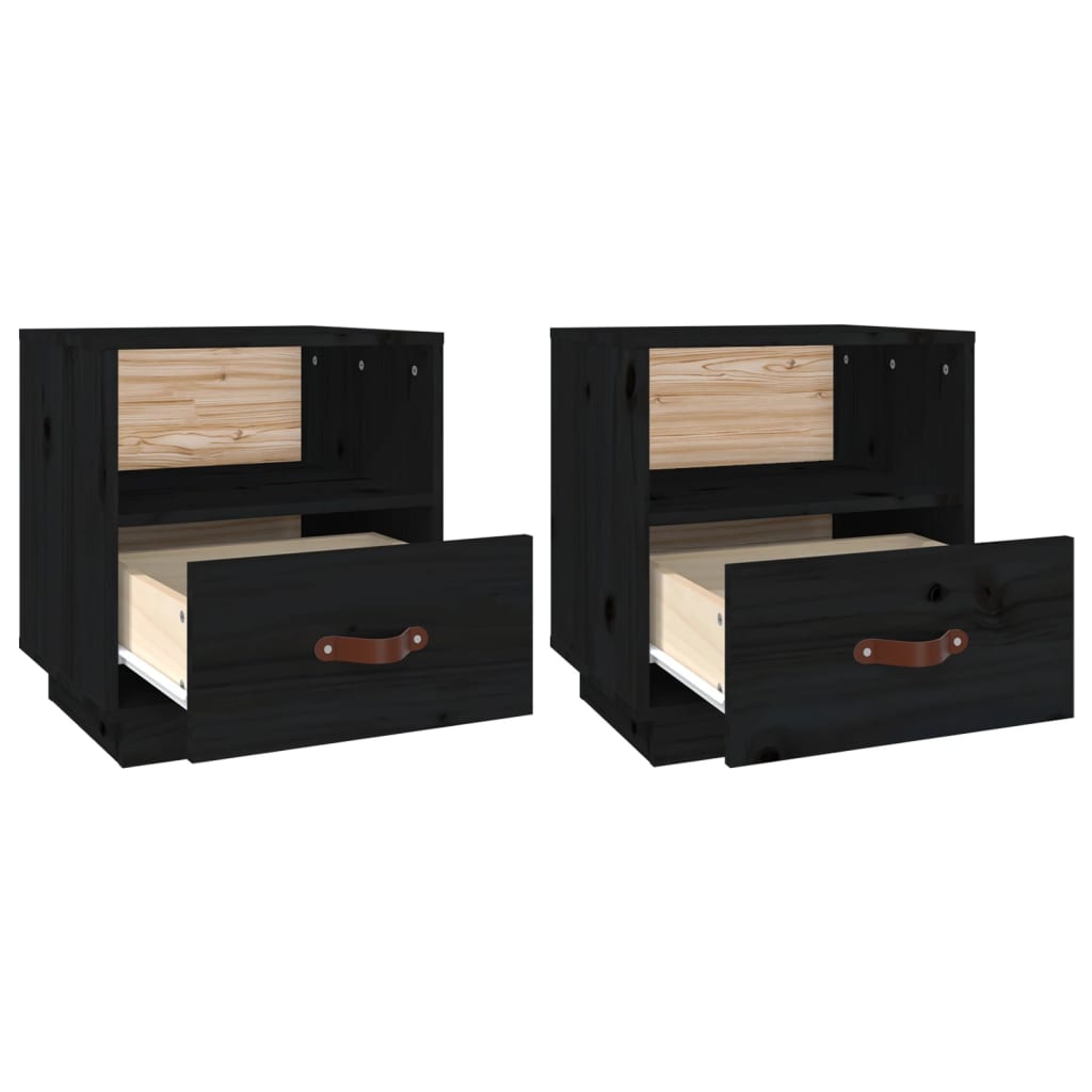 Sengeborde 2 stk Sort 40x34x45 cm massiv fyrretræ