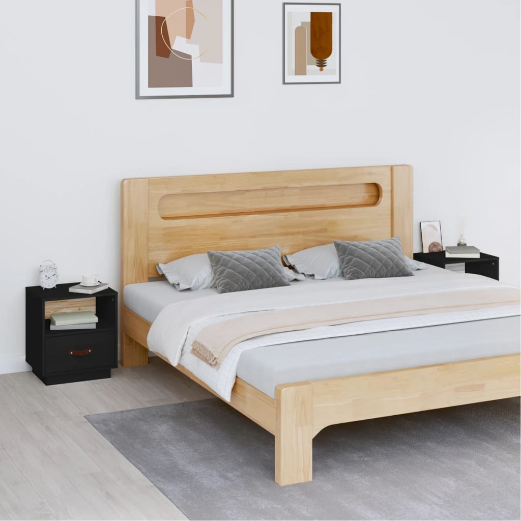 Sengeborde 2 stk Sort 40x34x45 cm massiv fyrretræ