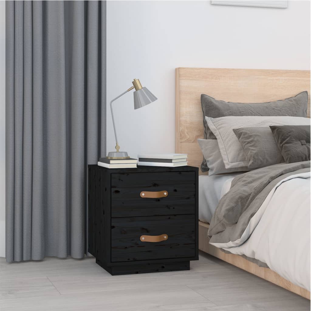 Sengeborde 2 stk Sort 40x34x45 cm massiv fyrretræ