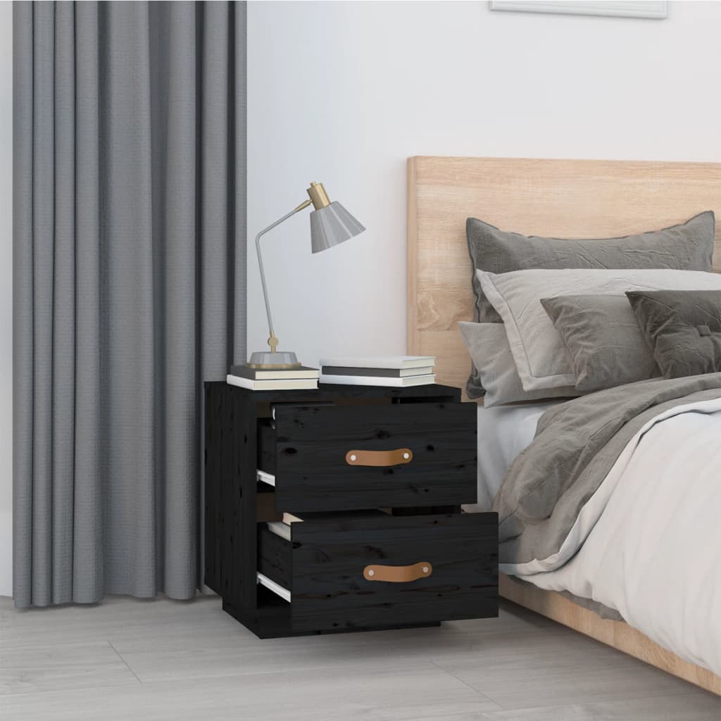Sengeborde 2 stk Sort 40x34x45 cm massiv fyrretræ