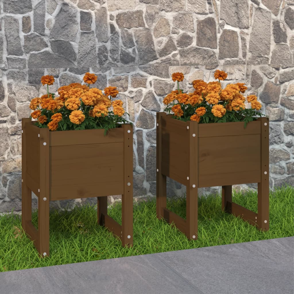 Plantepotte 2 stk Honningbrun 40x40x52,5 cm massiv fyrretræ
