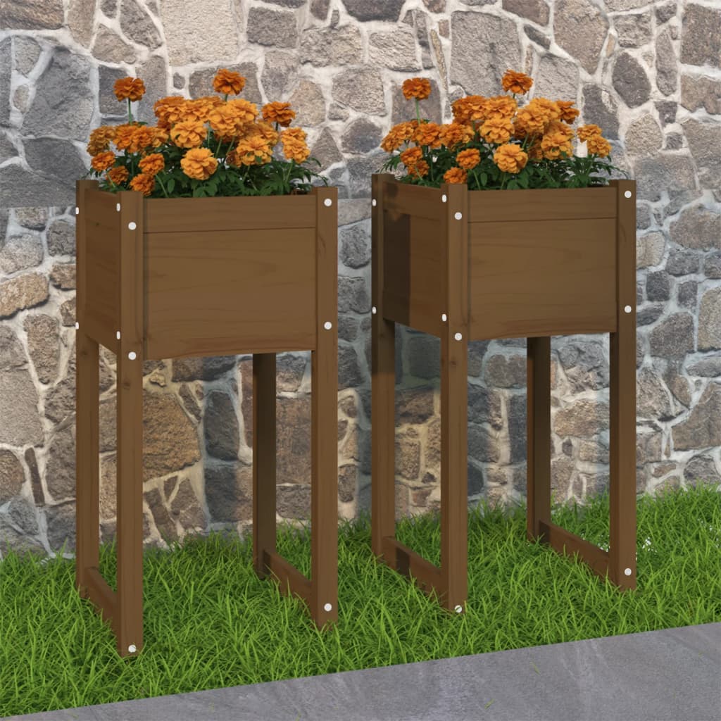 Plantepotte 2 stk Honningbrun 40x40x81 cm massiv fyrretræ