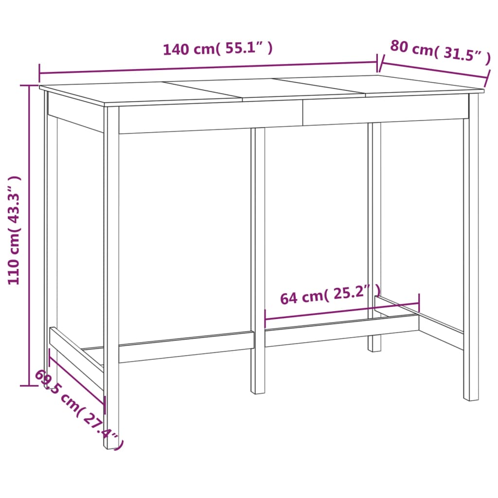 Barbord hvidt 140x80x110 cm massivt fyrretræ