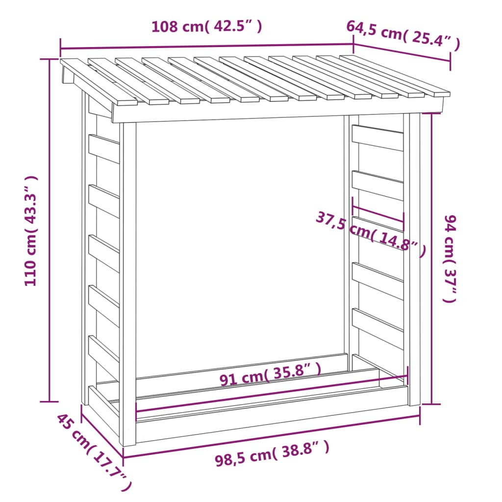 Brændestativ 108x64,5x110 cm massiv fyrretræ