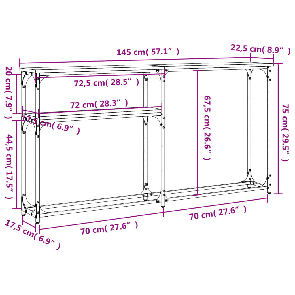 Konsolbord brunt egetræslook 145x22,5x75 cm træmateriale