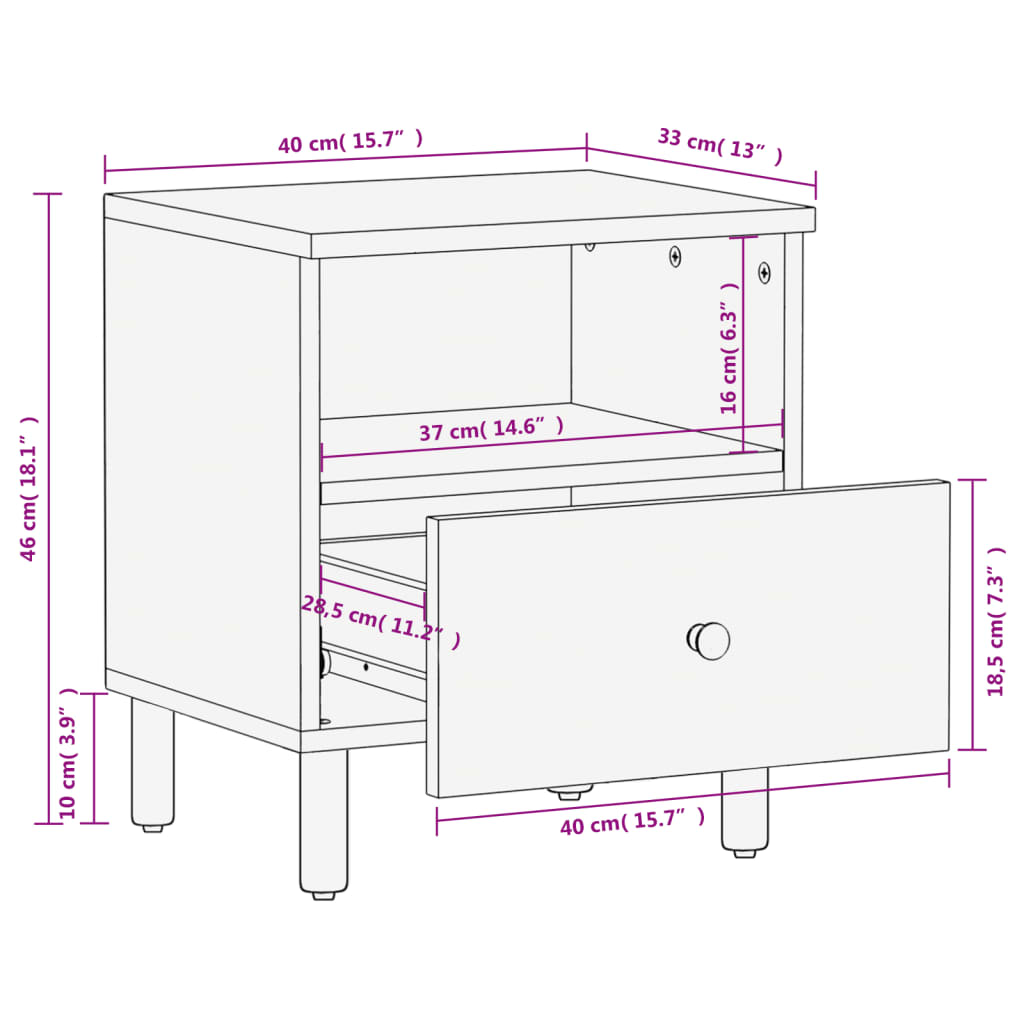 Sengeborde 2 stk Sort 40x33x46 cm massivt mangotræ