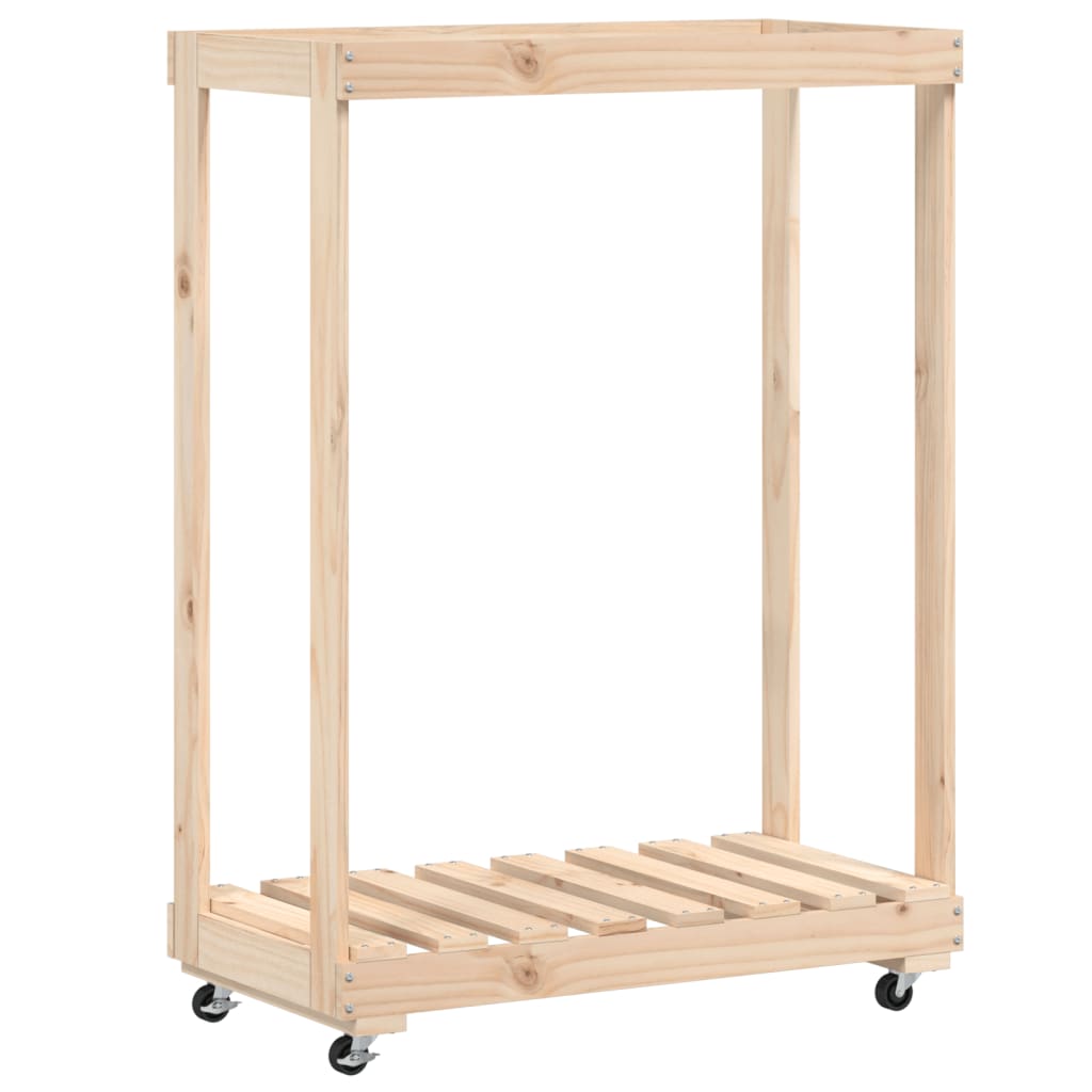 Brændestativ med hjul 76,5x40x108 cm massivt fyrretræ