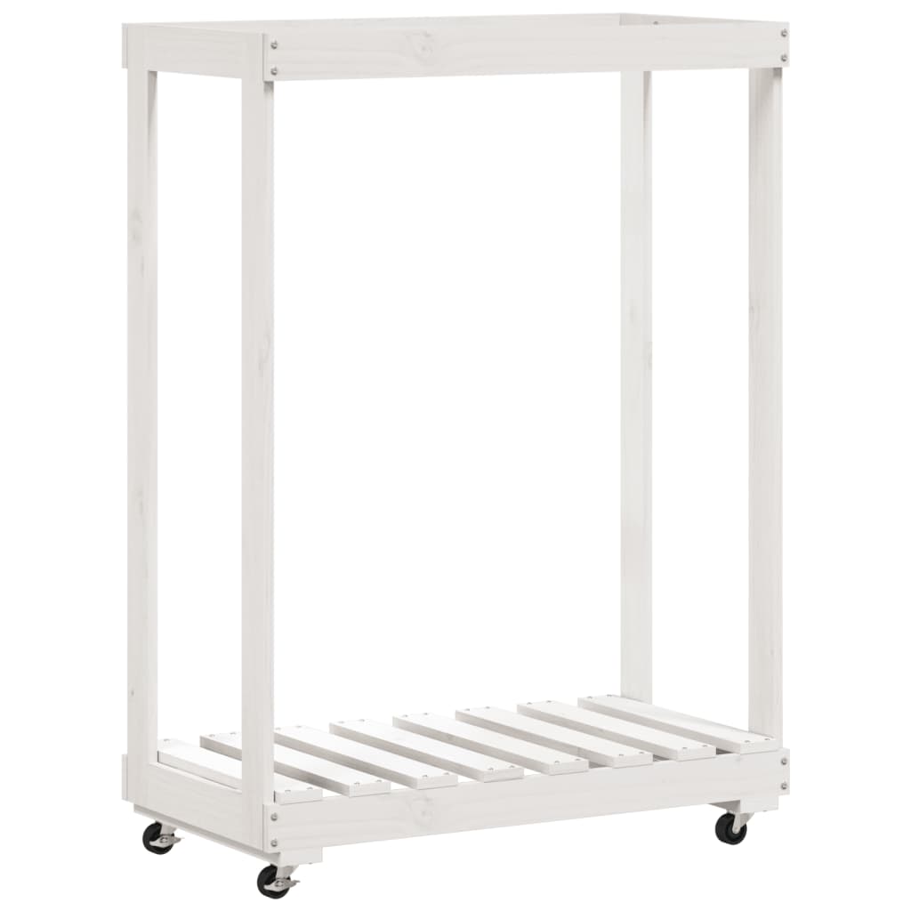 Brændereol med hjul hvid 76,5x40x108 cm massiv fyrretræ