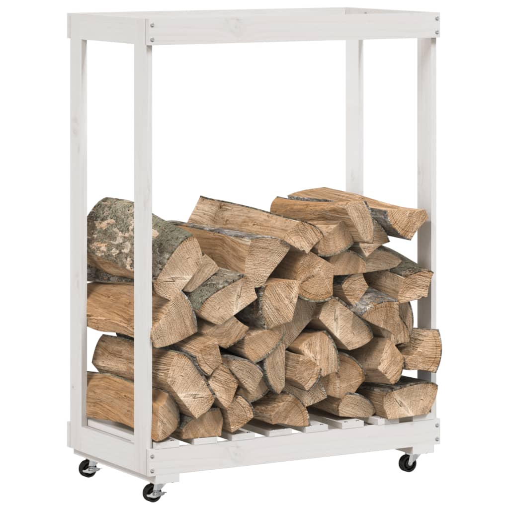 Brændereol med hjul hvid 76,5x40x108 cm massiv fyrretræ