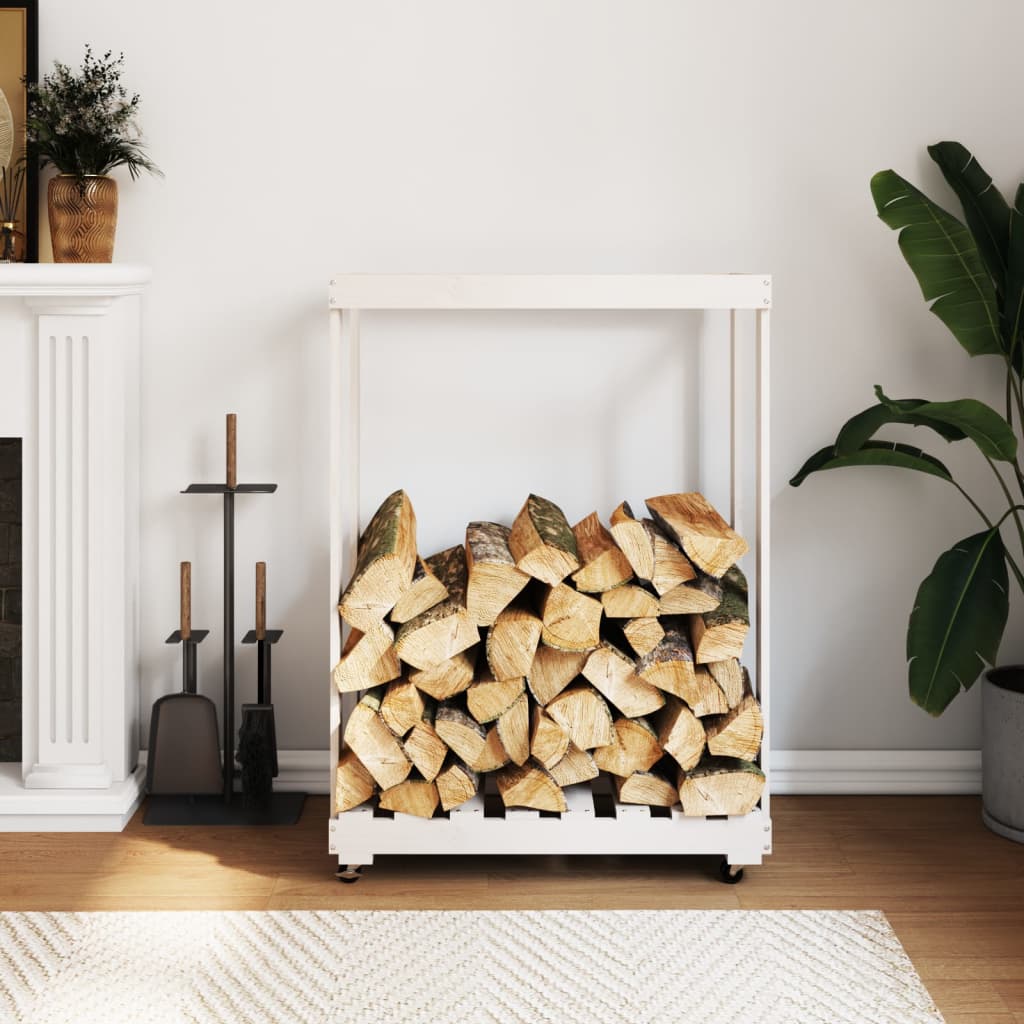 Brændereol med hjul hvid 76,5x40x108 cm massiv fyrretræ