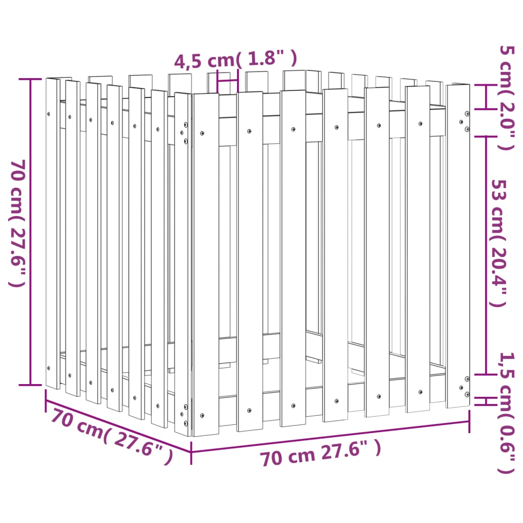 Plantekasse stakit design 70x70x70 cm massivt fyrretræ