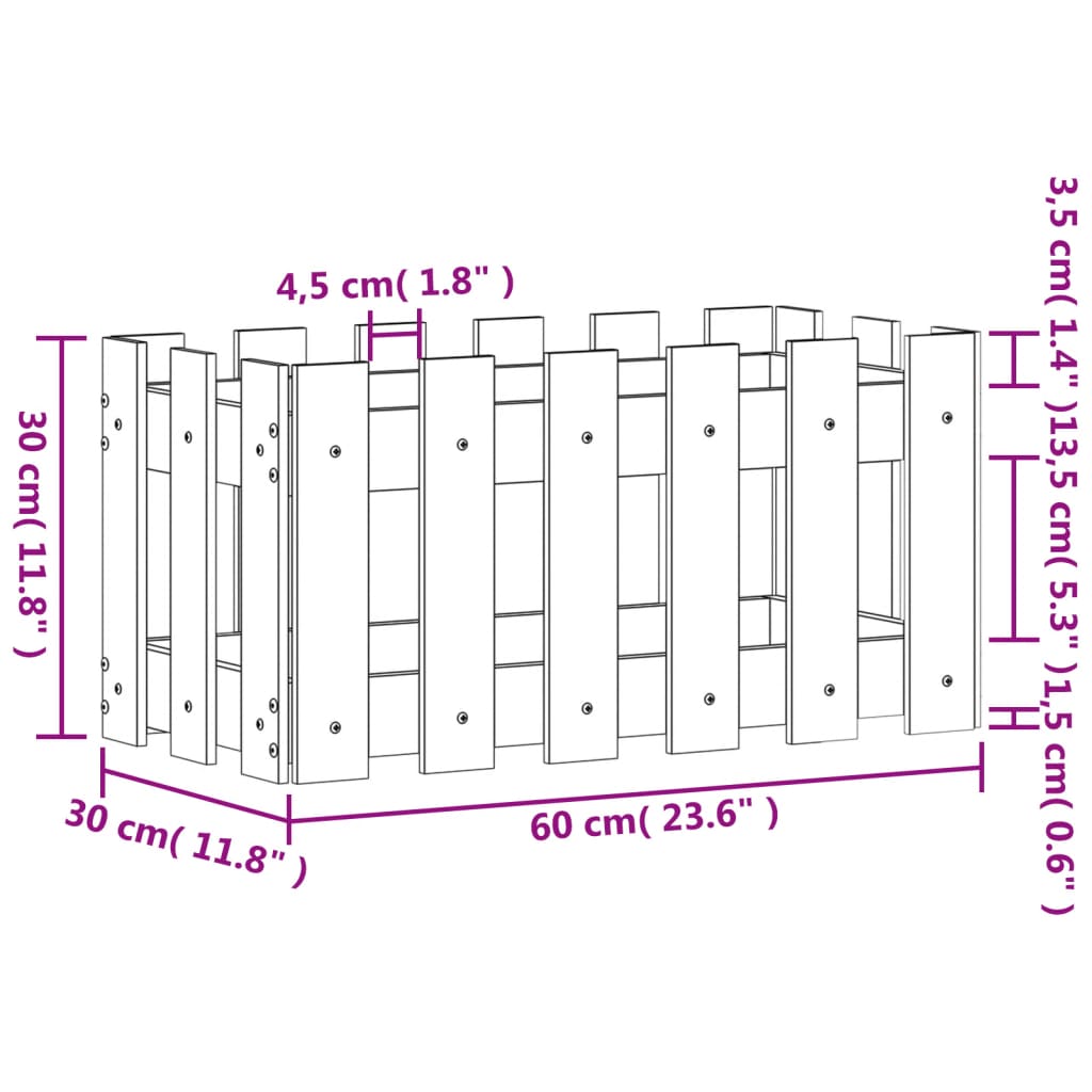 Plantekasse stakit design 60x30x30 cm massivt fyrretræ