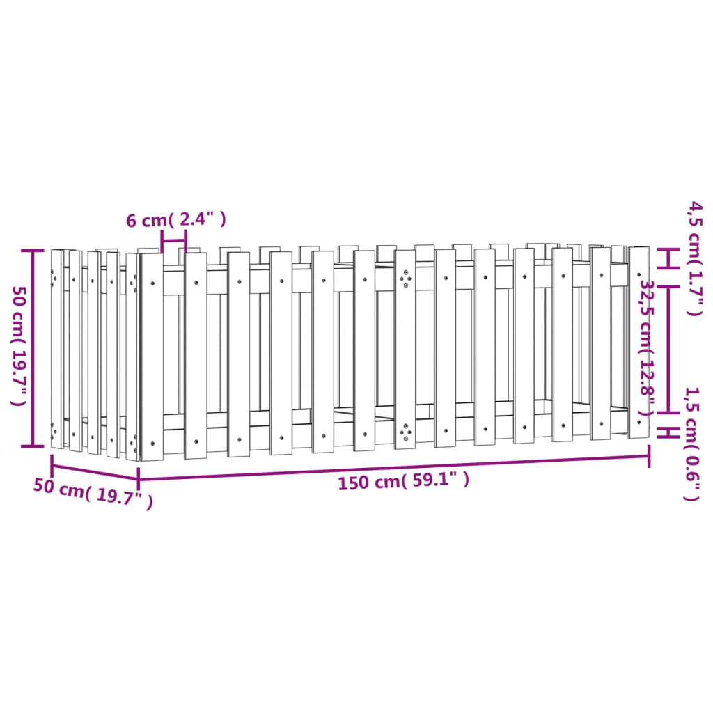 Højbede stakit design hvid 150x50x50 cm massiv fyrretræ