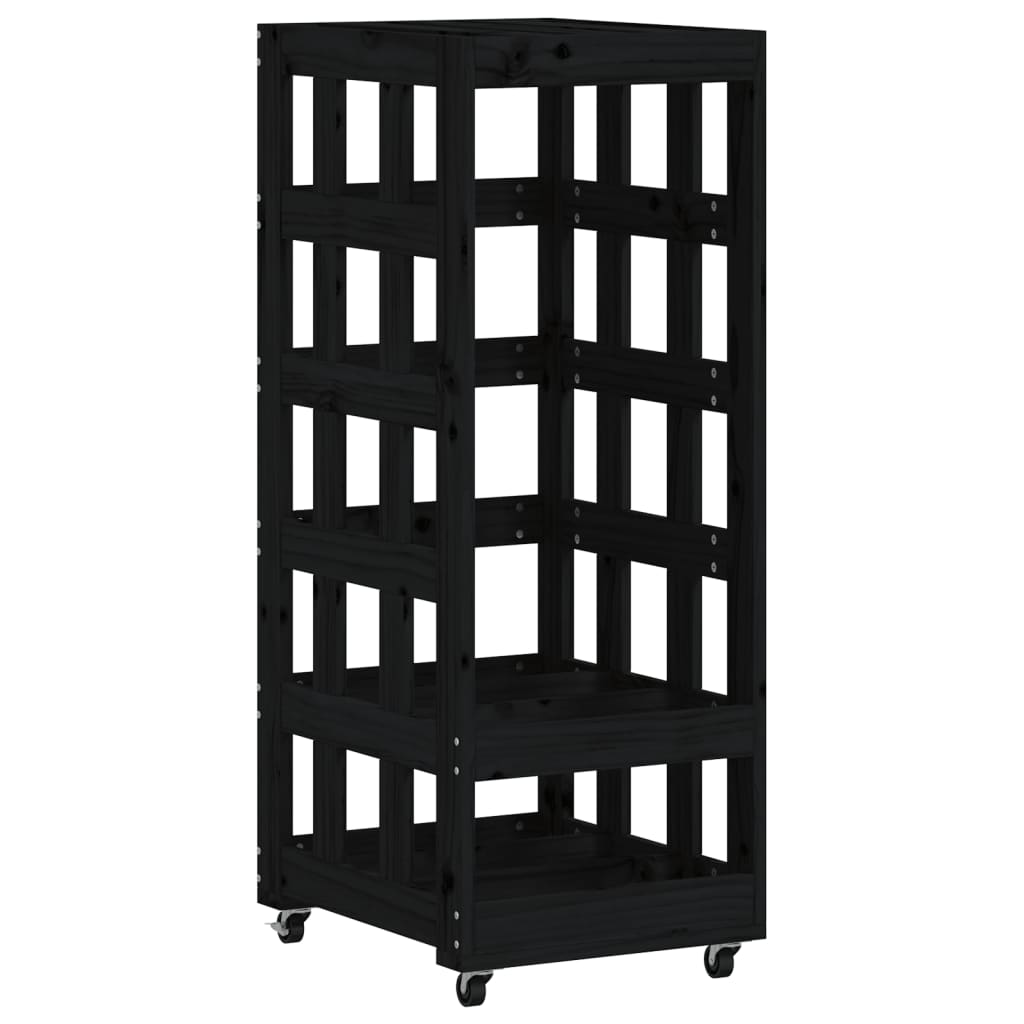 Brændestativ med hjul Sort 40x49x110cm Massiv Fyr