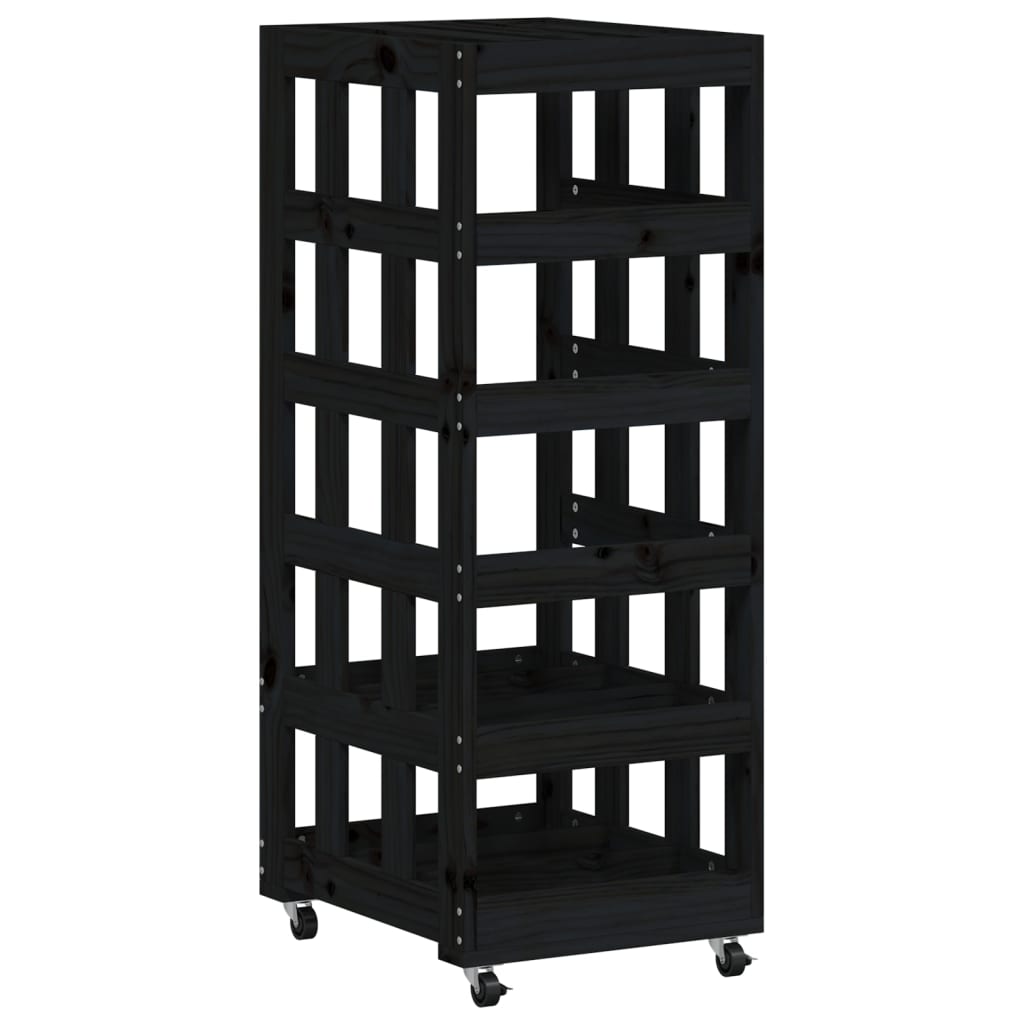 Brændestativ med hjul Sort 40x49x110cm Massiv Fyr