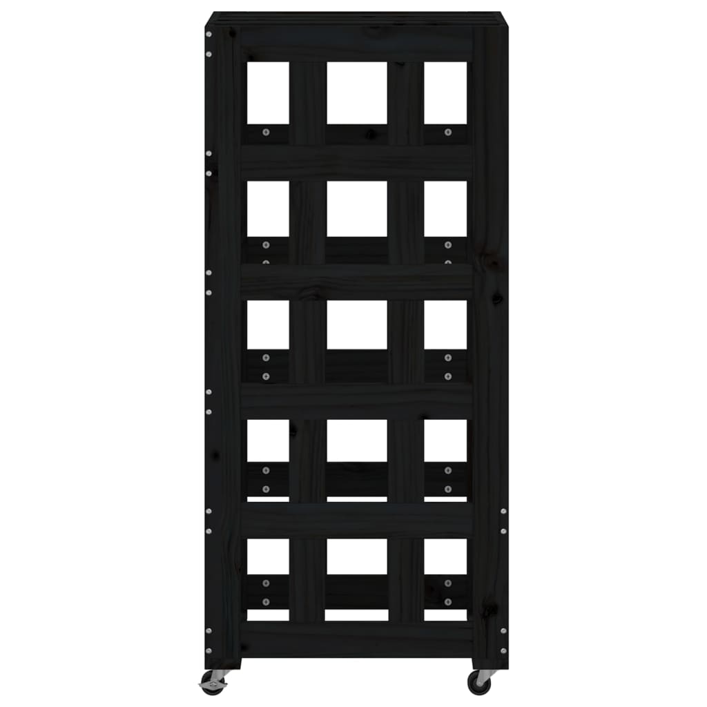 Brændestativ med hjul Sort 40x49x110cm Massiv Fyr