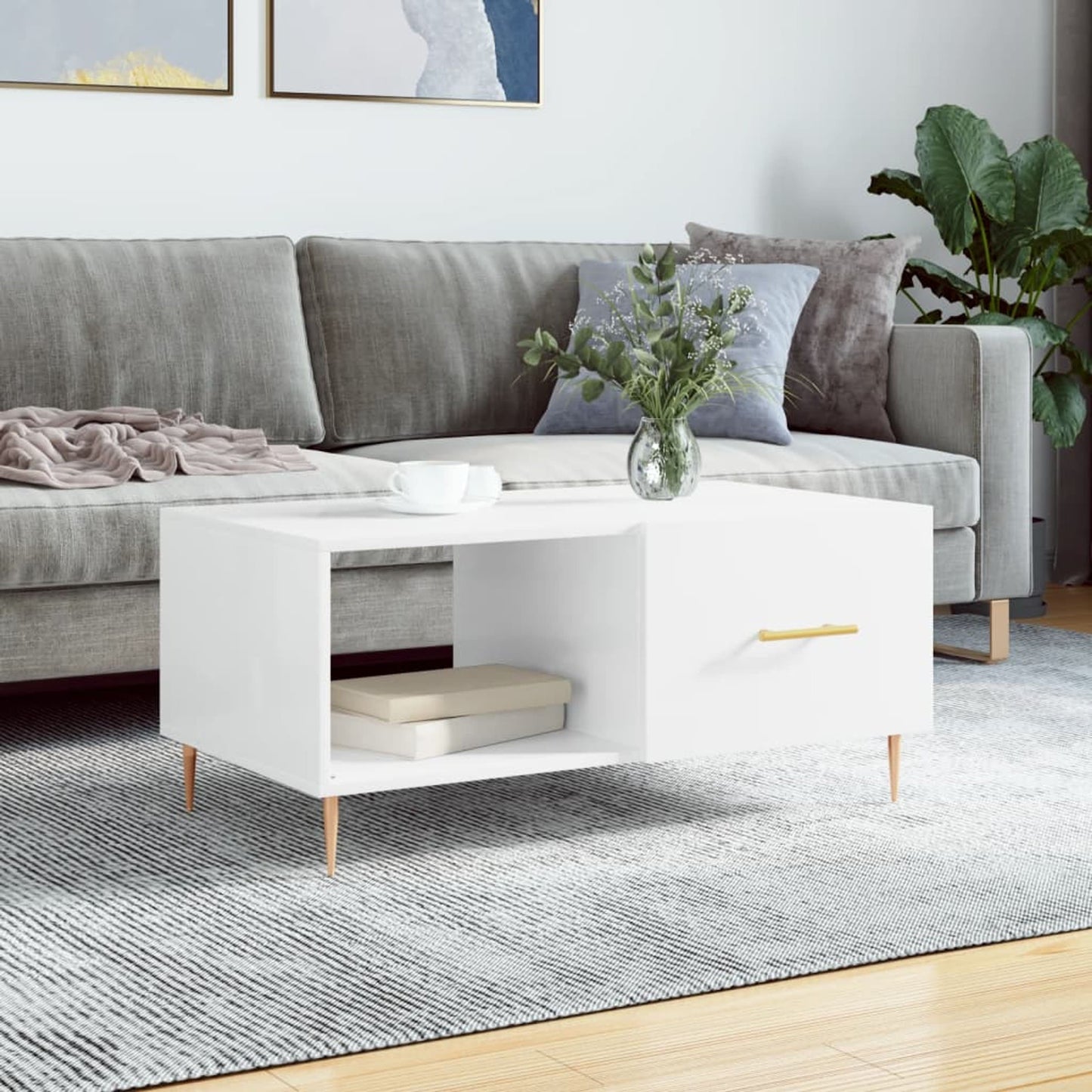 Sofabord højglans hvid 90x50x40 cm træmateriale