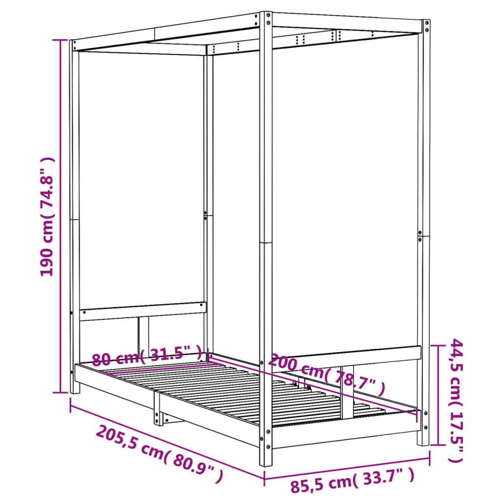Børneseng sort 80x200 cm massiv fyrretræ