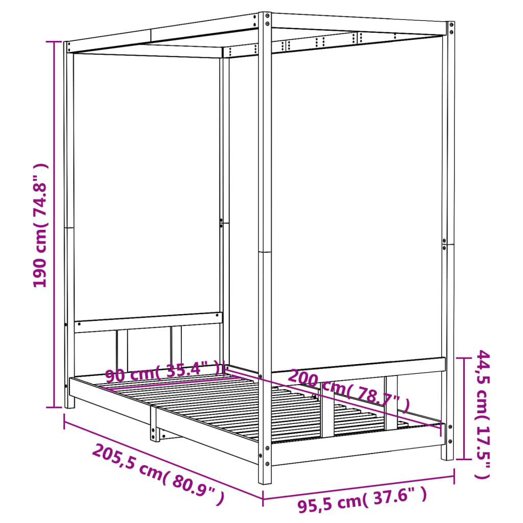 Børneseng sort 90x200 cm massiv fyrretræ