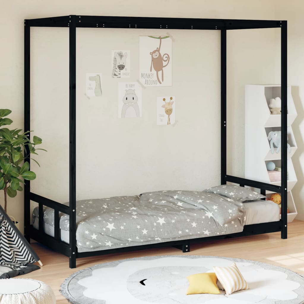 Børneseng sort 90x200 cm massiv fyrretræ