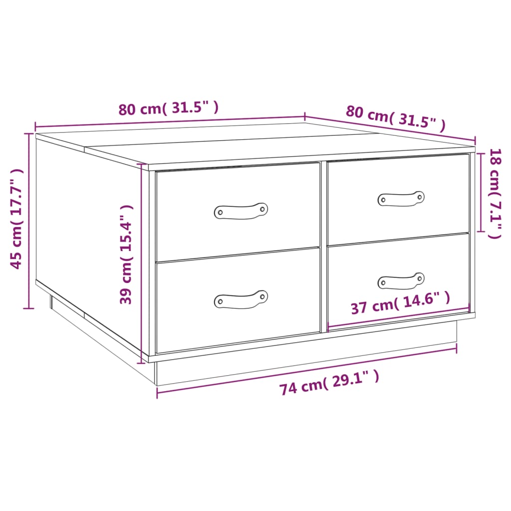 Sofabord Hvid 80x80x45 cm Massiv Fyr