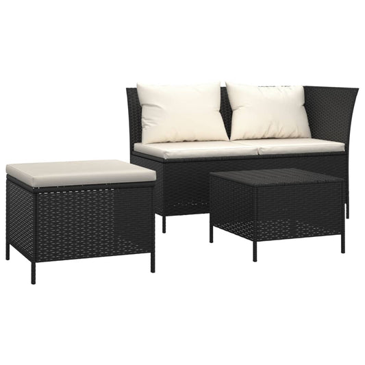 3-tlg. Garten-Lounge-Set mit Kissen Schwarz Poly Rattan
