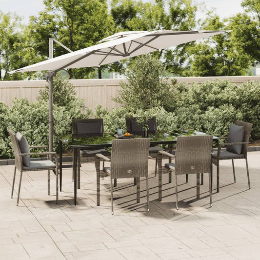 7-tlg. Garten-Essgruppe mit Kissen Schwarz und Grau Poly Rattan