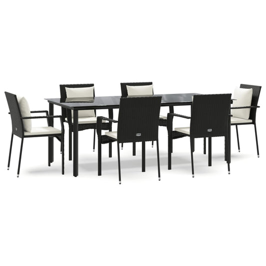 7-tlg. Garten-Essgruppe mit Kissen Schwarz Poly Rattan