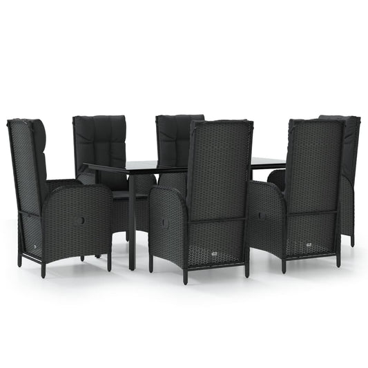 7-tlg. Garten-Essgruppe mit Kissen Schwarz Poly Rattan