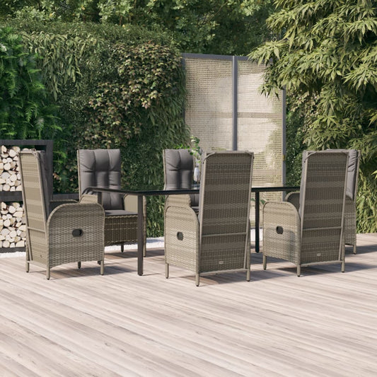 7-tlg. Garten-Essgruppe mit Kissen Schwarz und Grau Poly Rattan