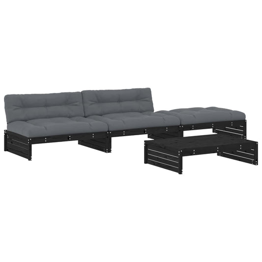 4-tlg. Garten-Lounge-Set mit Kissen Schwarz Massivholz