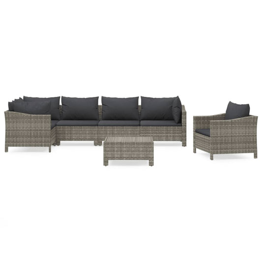 7-tlg. Garten-Lounge-Set mit Kissen Grau Poly Rattan