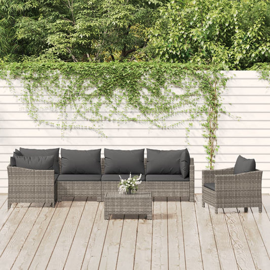 7-tlg. Garten-Lounge-Set mit Kissen Grau Poly Rattan