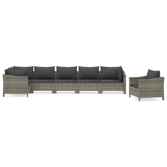 7-tlg. Garten-Lounge-Set mit Kissen Grau Poly Rattan