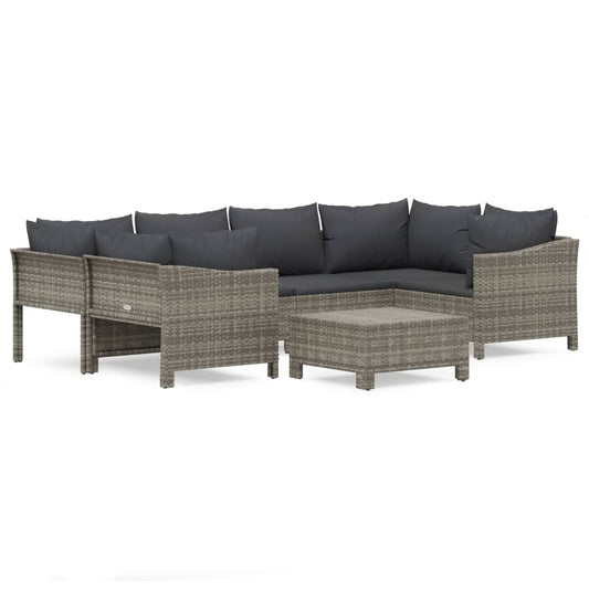 7-tlg. Garten-Lounge-Set mit Kissen Grau Poly Rattan