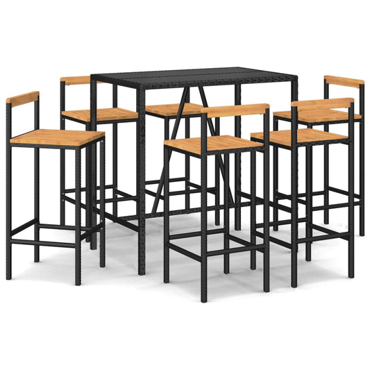 7-tlg. Gartenbar-Set Schwarz Poly Rattan & Massivholz Akazie