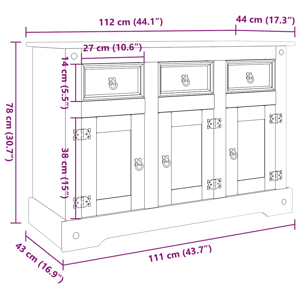 Skænk Corona 112x44x78 cm massivt træ mexicansk fyrretræ