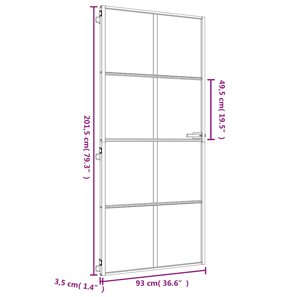 Indvendig dør Slim Gylden 93x201,5 cm hærdet glas og aluminium