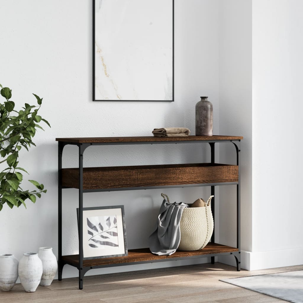 Konsolbord med hylde brunt egetræslook 100x29x75cm