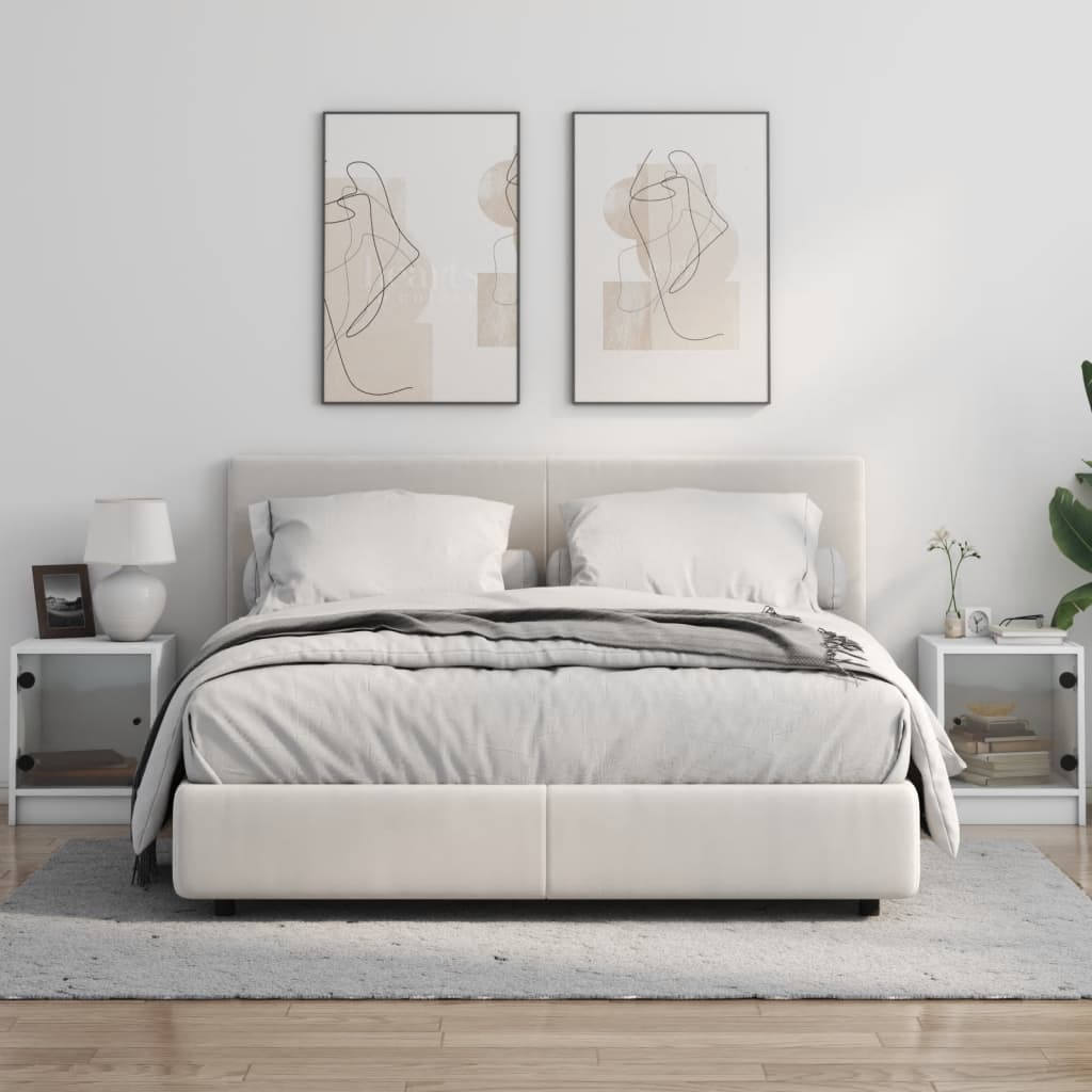 Sengeborde med glaslåger 2 stk Hvid 35x37x42 cm