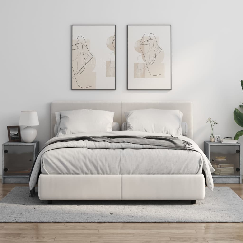 Sengeborde med glaslåger 2 stk Betongrå 35x37x42 cm