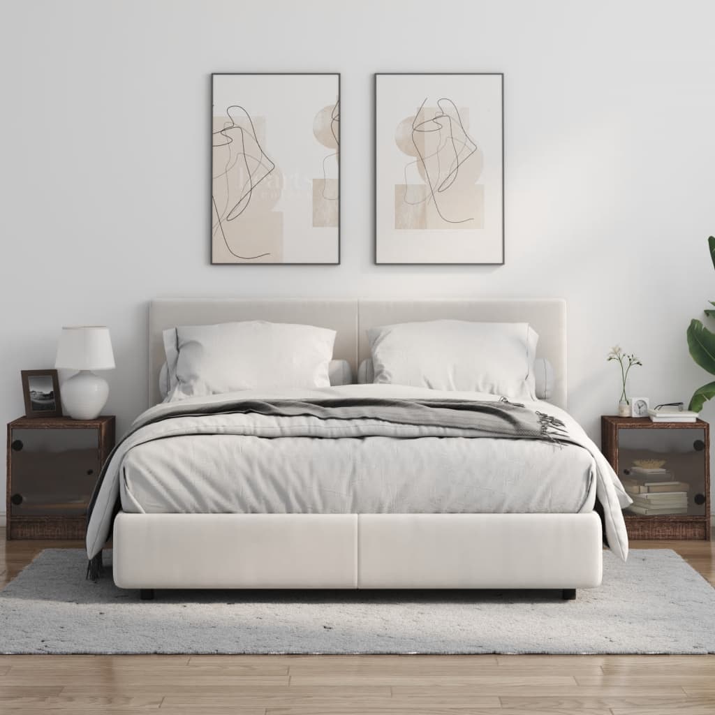 Sengeborde med glaslåger 2 stk Brun eg look 35x37x42 cm