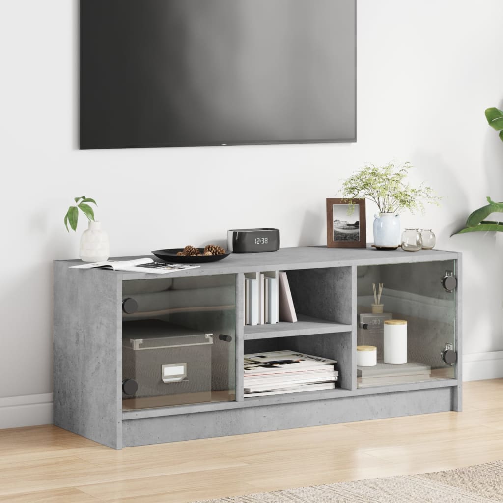 TV-møbel med glaslåger betongrå 102x37x42 cm
