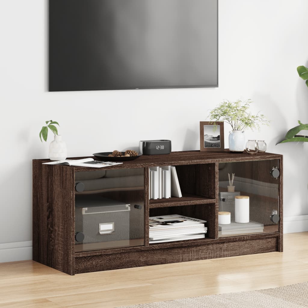 Tv-møbel med glaslåger brun eg look 102x37x42 cm