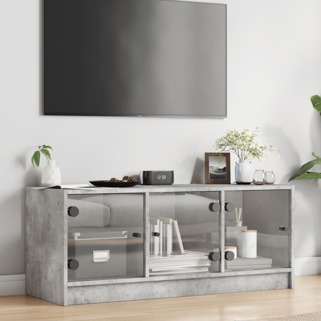 TV-møbel med glaslåger betongrå 102x37x42 cm